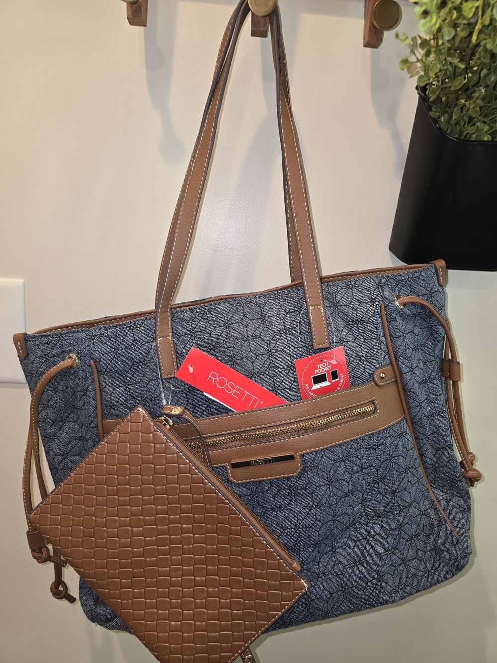 Rosetti Women's Brown & Navy Tote Bag with Matching Pouch